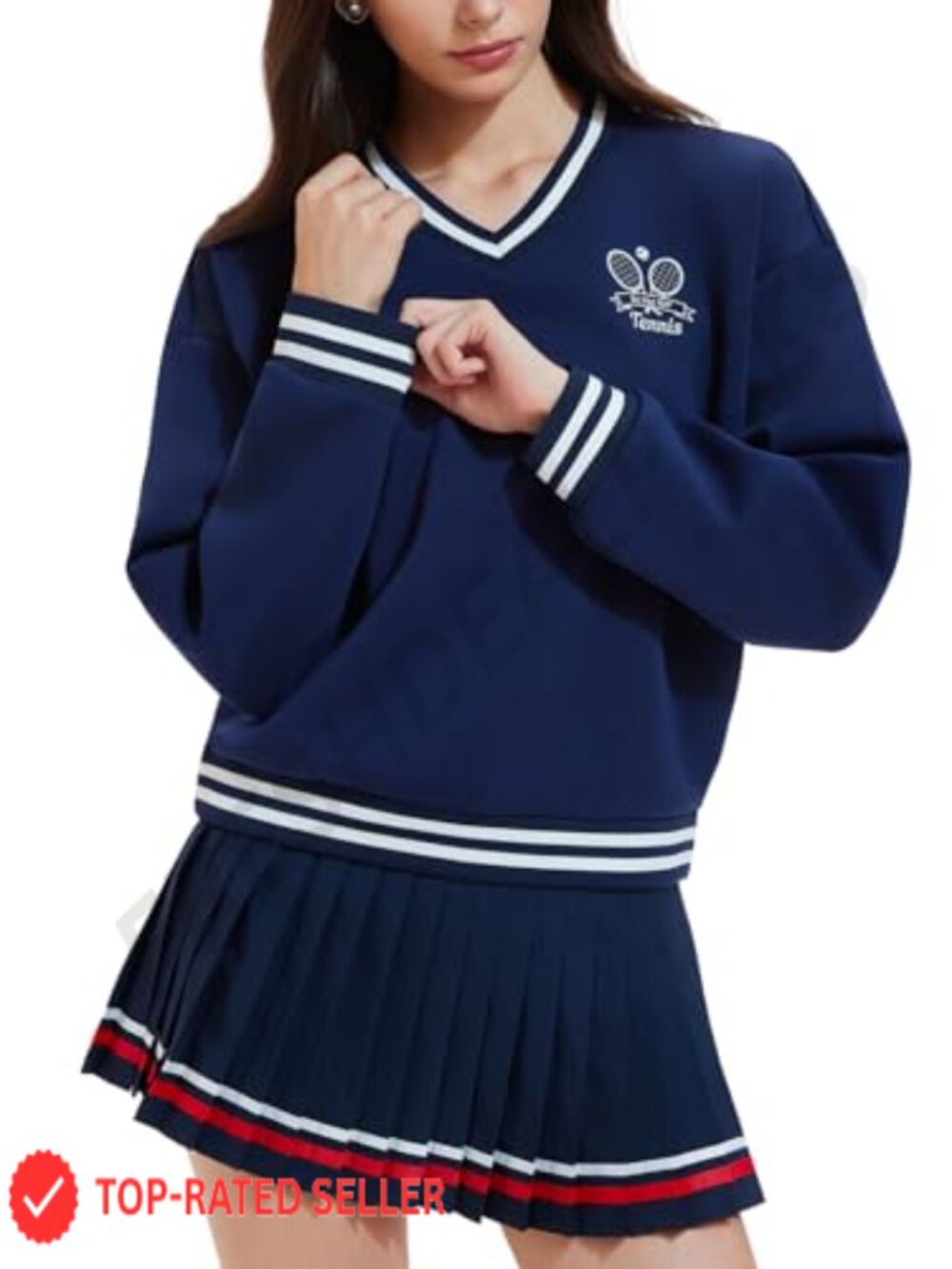 Womens 2 Piece Tennis Skirt Set Long Sleeve V-Neck Sweater & Pleated Skort